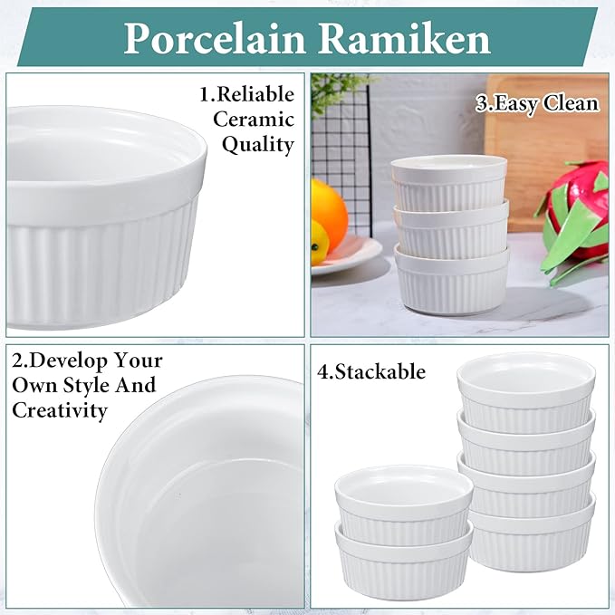 Xinnun 24 Pcs 4 oz Ramekins Creme Brulee Dishes Oven Safe Classic Porcelain Ramekins Set for Baking, Creme Brulee, Souffle, Appetizer, Custard, Pudding, Dipping Bowl, White
