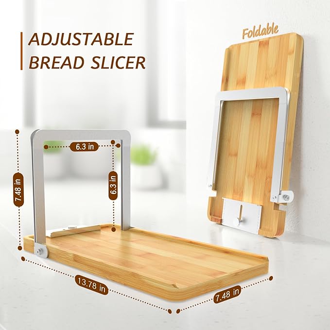 Adjustable Bread Slicer, Foldable Wood & Stainless Steel Guide for Homemade Sourdough, Sandwich & Artisan Loaves up to 6.3”, Space Saver for Small Kitchen, Includes Knife