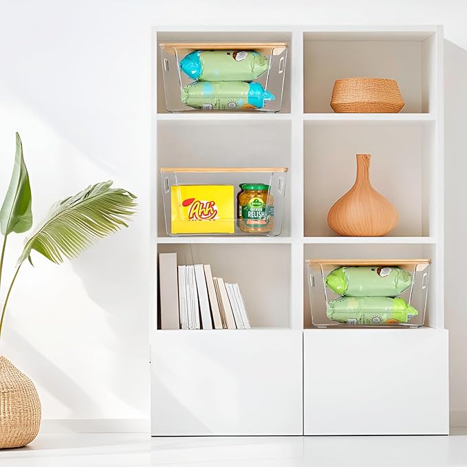 4 Set Pantry Organizer and Storage, Stackable Trash Bag Dispenser Clear Acrylic Kitchen Counter Pantry Baskets for Potato, Onion, Produce, Fruit, Vegetable, Snack, Trash Bag Holder with Bamboo Top
