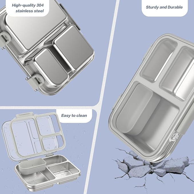 Stainless Steel Bento Box for Kids, 3-Compartment Metal Lunch Box with Clear Lid & Removable Silicone, Lunch Box Kids with Silicone Inner Container for Meal Prep, School, Office (Grey)