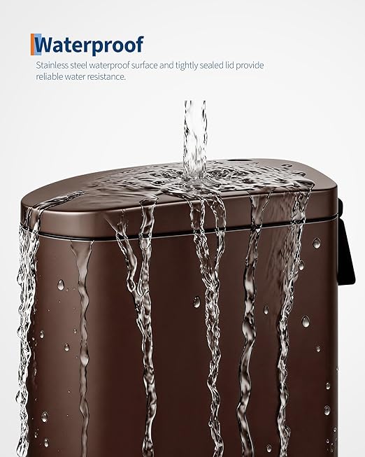 GarveeHome 2.6 Gallon Bathroom Trash Can, Space-Saving Slim Stainless Steel Step-On Garbage Bin with Soft Close Lid, Removable Inner Bucket for Bathroom & Bedroom,Brown