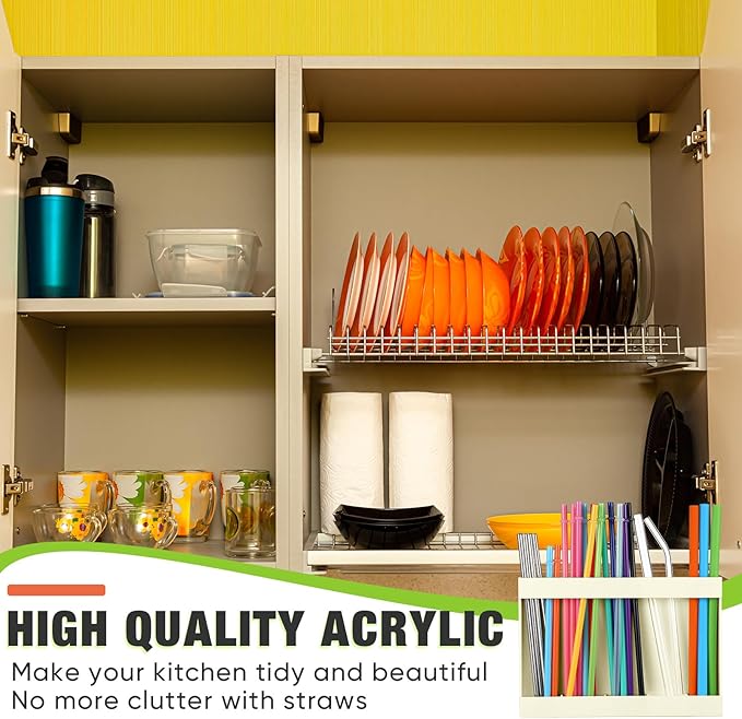 Qinyoung Acrylic Straw Holder for Cabinet Door with Double Sided Adhesive Tape Reusable Straw Organizer Tumbler Storage Kitchen Accessories Container for Counter Cupboard(Classic,Large,Milky Yellow)