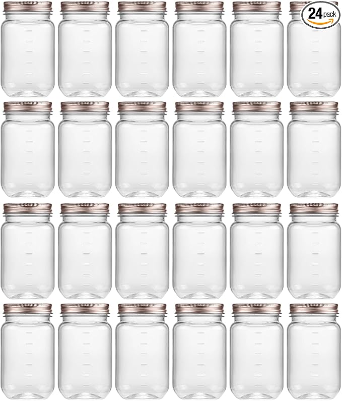 novelinks 16 oz Clear Plastic Jars with Lids, Refillable 16oz Mason Jars with Lids & Storage Containers for Kitchen & Household Use (24 Pack,Rose Gold)