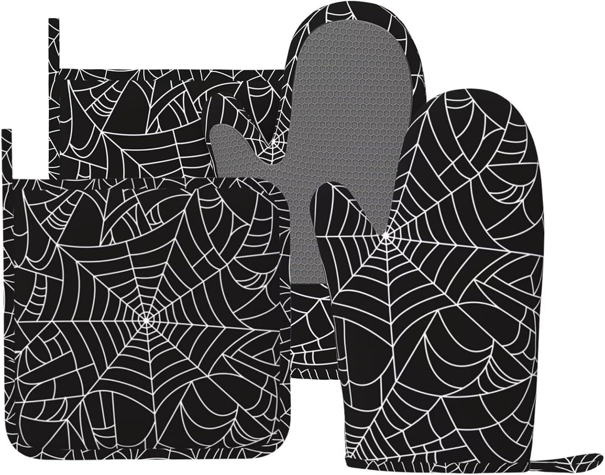 Black and White Spider Web Oven Mitts and Pot Holders Set of 4 Silicone Spiderwebs Kitchen Mitten Gloves and Non-Slip Potholders Set Heat Resistant Oven Gloves Hot Holders for Kitchen
