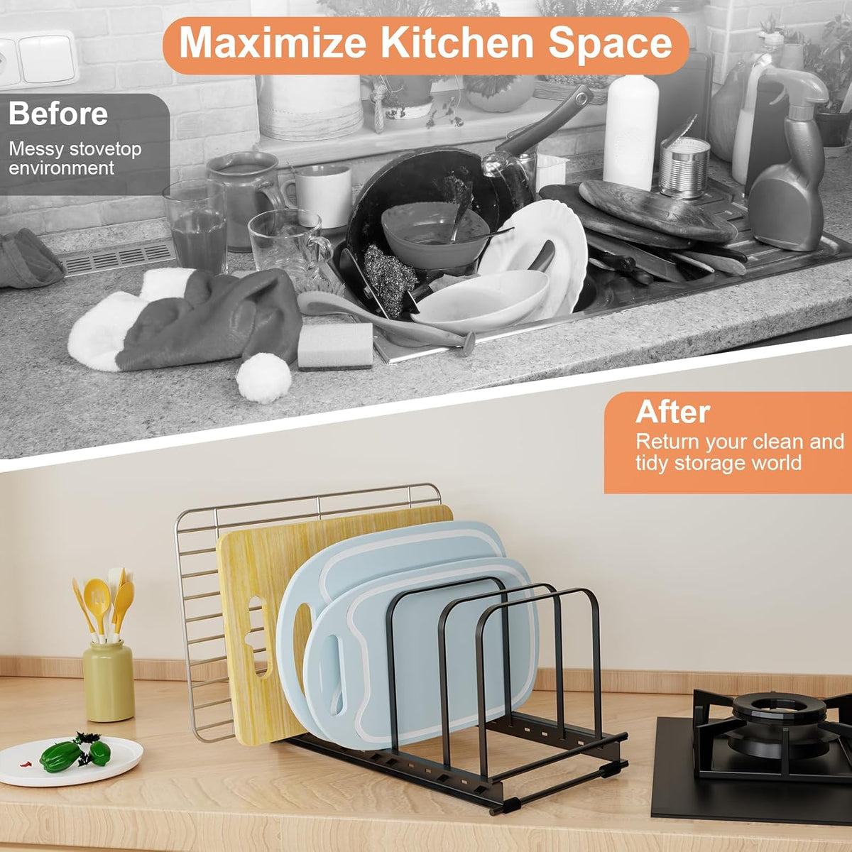 TEAMOLA Adjustable Bakeware Organizer Rack - 2pc Black Heavy-Duty Metal Cutting Board Rack for Cutting Boards & Cookware, Holds Utensils Up to 9.84" Wide (Space-Saving Holder Fits Narrow Countertops)