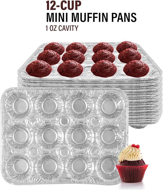 PARTY BARGAINS 12-Cup Aluminum Mini-Muffin Pans - 40 Pack, Mini Cupcake Pans, Disposable Mini-Muffin Tin for Baking (Max 240°C)