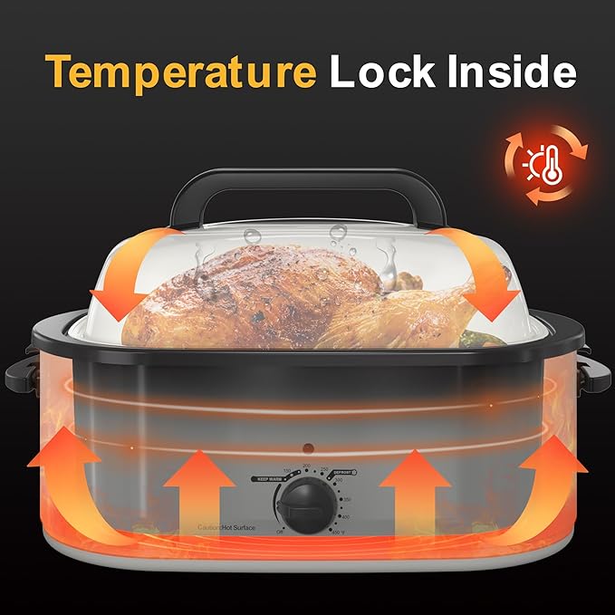 RoyalCraft 26-Quart Electric Roaster Oven with Visible Self-Basting Lid, Turkey Roaster Oven with Removable Pan and Rack, Perfect for Large Meals and Holiday Feasts, White