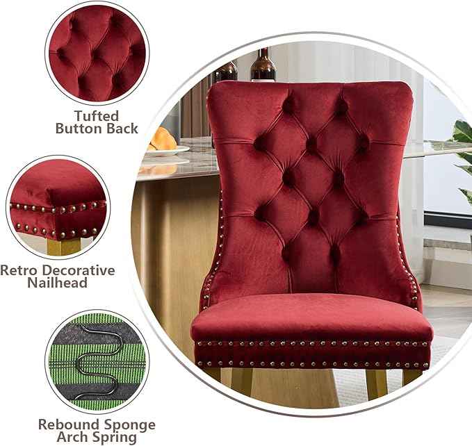 Velvet Dining Chairs Set of 2, Modern Tufted Dining Room Chair, Upholstered Dining Chairs with Lion Head Pulls Ring and Golden Solid Wood Legs, Luxury Kitchen Chairs for Dining Room, Burgundy