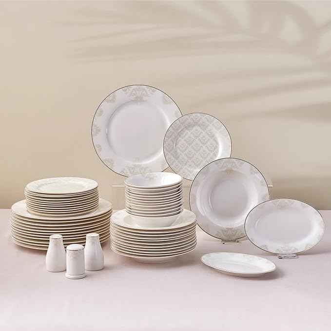 Karaca Siena 53-Piece Porcelain Plates and Bowls Set with Dinner & Dessert Plates, Shakers - Bone China Dishware Sets - Kitchen Dinnerware Set for 12 People
