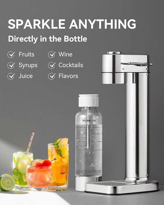 MOKKOM Sparkling Water Maker Stainless Steel & 1L Reusable Soda Maker Bottle