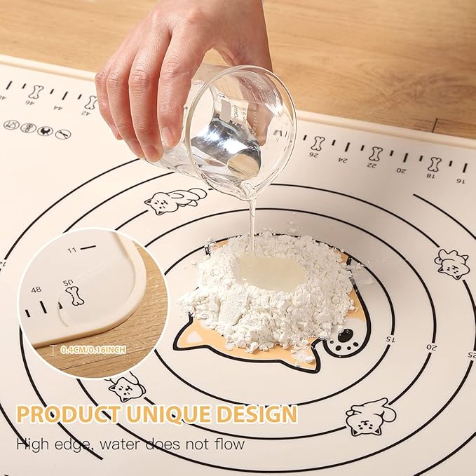 Silicone Pastry Mat 24"*16" Extra Thick Non Stick Baking Mat Food Grade Silicone Dough Rolling Bake Mat with Edge Heightening Cartoon Beige