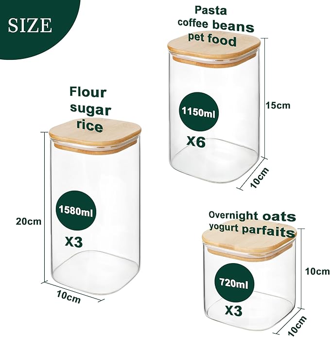 LIBWYS 12-Pack Glass Pantry Storage Containers with Bamboo Lids (0.76Qt/1.22Qt/1.67Qt) - Stackable Square Food Jars for Pantry Organization, Coffee, Flour, Snacks, Tea | Kitchen Canisters Set