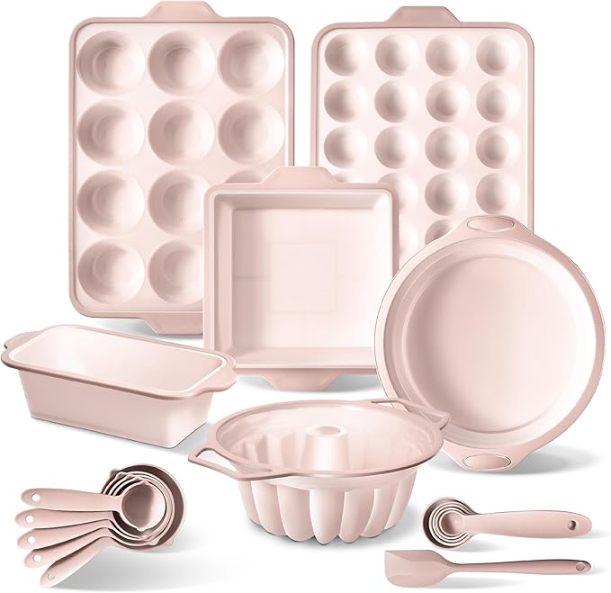 COOK WITH COLOR 17 Pc. Silicone Baking Pan Set - Non-Stick & Easy Clean Silicone Muffin Pans for Baking with Sturdy Metal Frame for Stability, Flexible Cake Molds, Includes Measuring Cups and Spoons