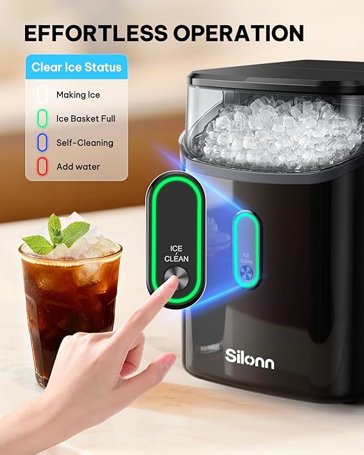 Silonn Nugget Ice Maker Countertop, Pebble Ice Makers with Crushed Soft Chewable Ice, 33lbs Per Day with Scoop, Pellet Portable Ice Machines with Auto-Cleaning for Home, Kitchen, Office, Black