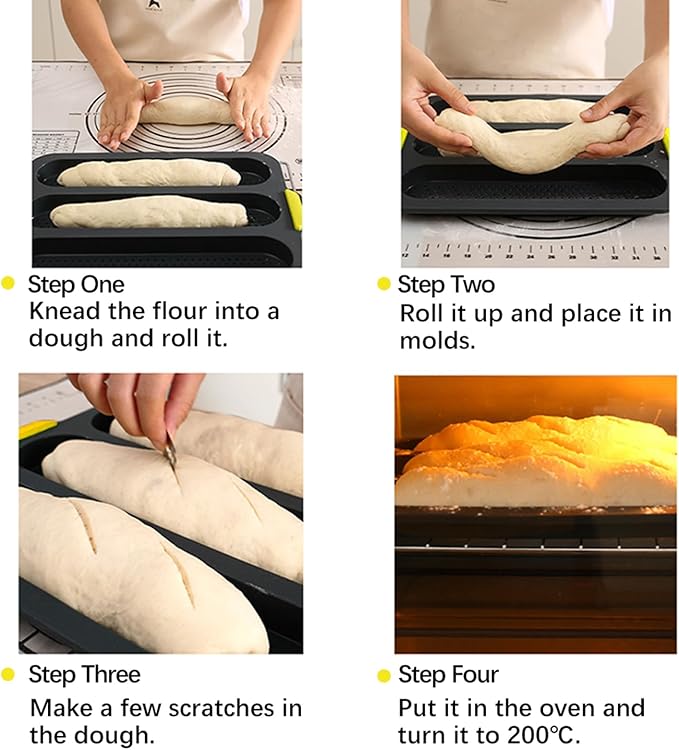 4-cavity Silicone Bread Loaf Pan, Nonstick Sourdough Loaf Pan & Heat Resistant Baguette Bread Pan, Bread Pans for Homemade Bread, Silicone Molds for Baking Hoagie Rolls, Sandwich, Hot Dog Buns