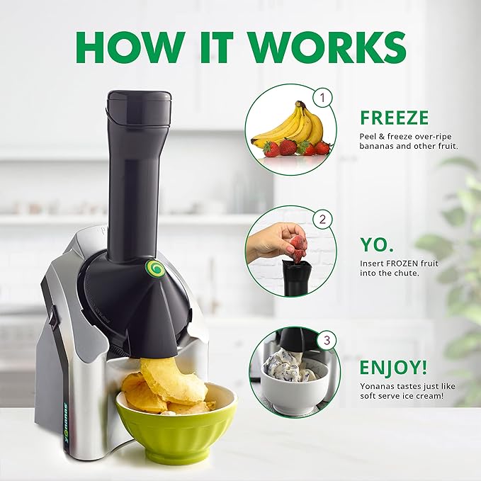 Yonanas Classic Frozen Fruit Soft Serve Maker for Healthy Vegan and Dairy-Free Treats, 200W Silver Machine with 36 Recipes, BPA Free, Easy to Clean, Quick and Simple to Use