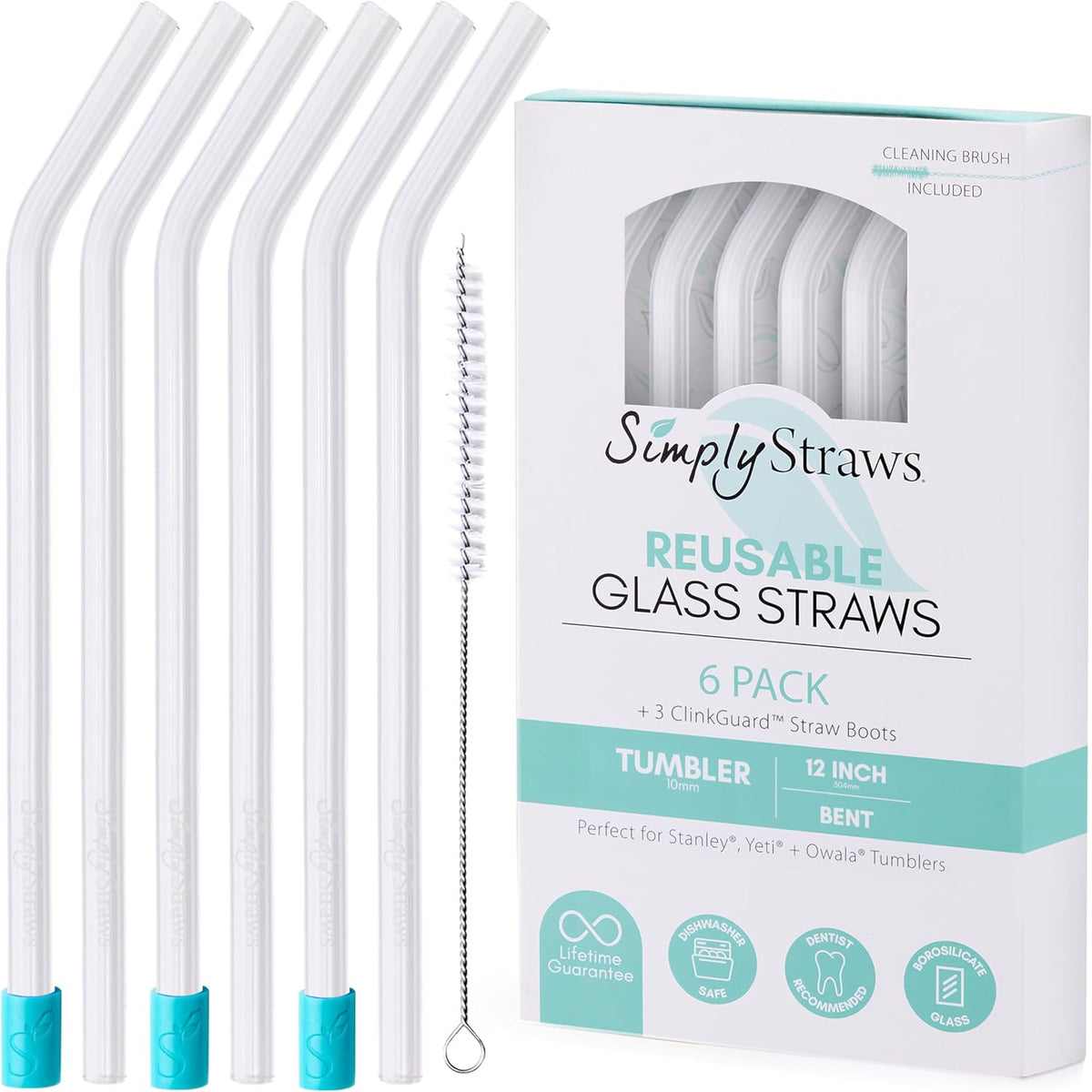 Simply Straws 12 Inch Glass Straws Bent (6-Pack) – Reusable Glass Straws for Stanley 40 Oz Tumbler, with Cleaning Brush – Durable, Dishwasher Safe, Hot & Cold Use, BPA-Free (Pearl)