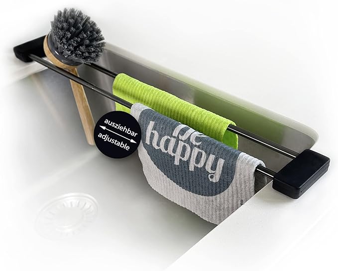 Sanni Shoo drip.line Pure Black - Versatile and Adjustable Kitchen Rack Drip Tray for Dishcloths, Brushes, and Bottles - Hygienic Storage - Made of Stainless Steel and Silicone