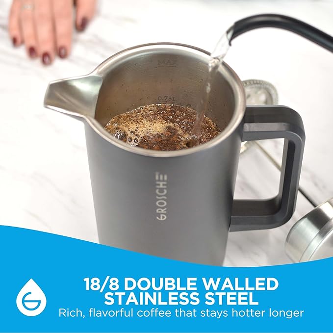 GROSCHE Dub'lin Stainless Steel Coffee Maker French Press 8 Cup | 34 FL Oz Coffee Press, 18/8 Double Walled Stainless Steel French Press Coffee Maker - Hot/Cold Brew | Stainless French Press - BLACK