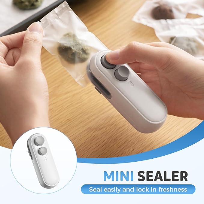 Mini Bag Sealer, Upgraded 2 in 1 Mini Bag Sealer with Cutter and Magnet, Magnetic Portable Plastic Bag Sealer for Snacks, Chips, Food Freshness Storage (2, White)