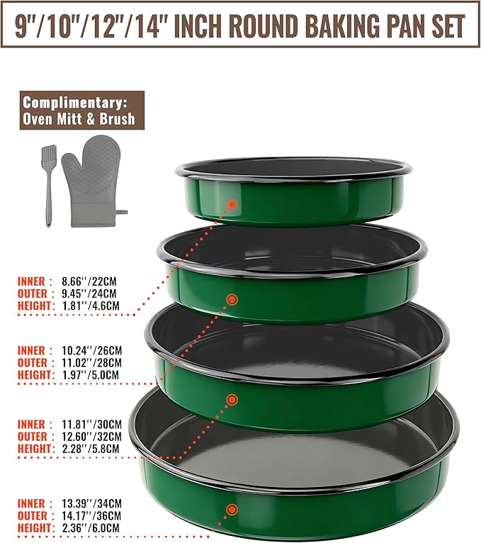 Enamel Pizza Pan Set Round Baking Pans for Oven Roasting Chicken Roast & Ham Dish 4-Pack 9/10/12/14 Inch Non-Stick Heat Resistance Dishwasher Safe, Birthday & Mother Day Gift Cake Pan