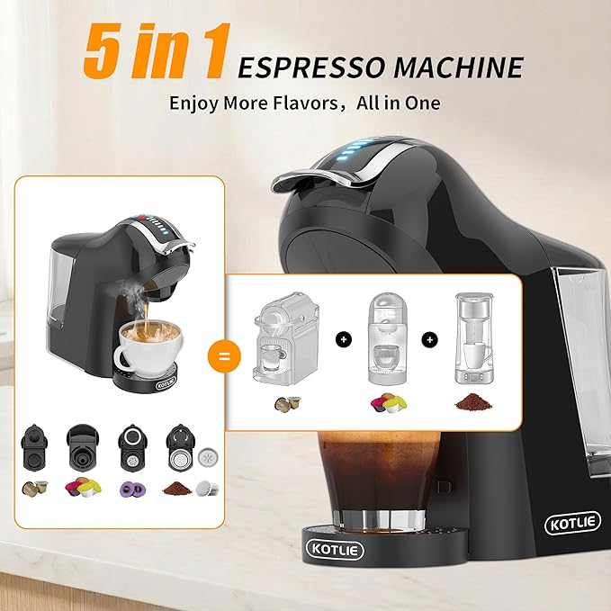 KOTLIE EM-308B Espresso Machine, Single Serve Coffee Maker Compatible with Multiple Capsule Types, Ground Coffee, and ESE Pods, 3 Temperatures, 7 Water Volume Levels, 34 Oz (Black)