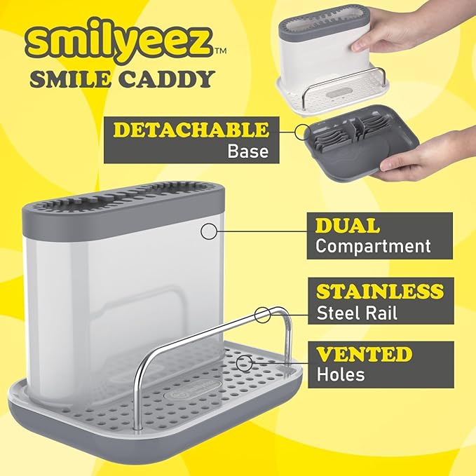 The Original Smiling Handle with Soap Dispensing for Scrub Daddy (Reg. TM) Sponges and Scrub Moji Sponge with Smilyeez Caddy, Dishwand, and 2 Scrub Mojis (Light Blue)