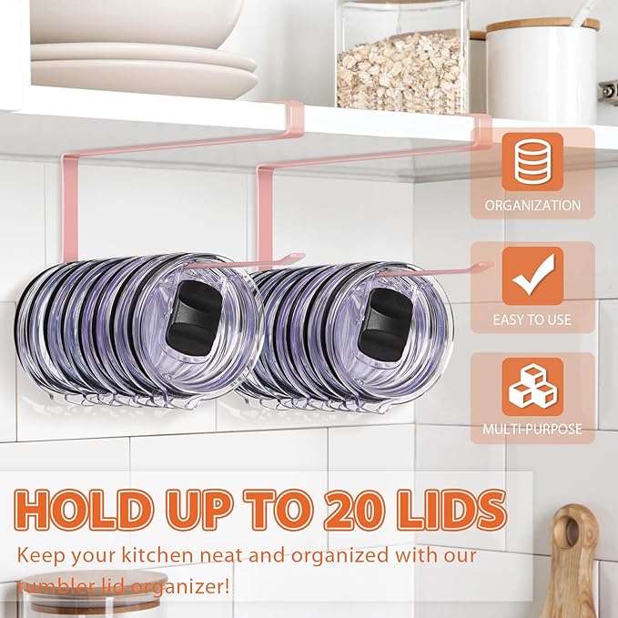 2 Pack Tumbler Lid Organizer, Horizontal Tumbler Lid Storage Hook to Hold Up 20 Lids, Space Saving Cup Lid Holders Under Cabinet Tumbler Lid Hook for Kitchen Organizer, Paper Towel Rack Hanger (Pink)