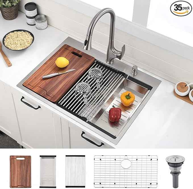 30 Inch Drop In Kitchen Sink Workstation Stainless Steel - VOKIM 30 x22-Inch Single Bowl Kitchen Sink 16 Gauge Stainless Steel 10'' Deep Handmade Kitchen Sink with Cutting Board& Strainer