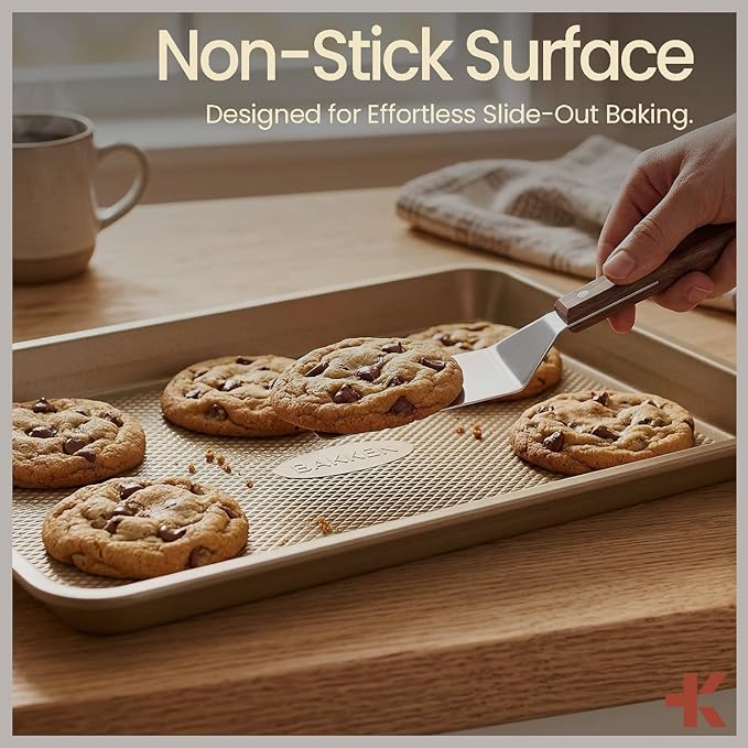 Diamond Bottom Cookie Sheet Set of 3, Nonstick Gold Carbon Steel Baking Pans for Crisp Baking, Space-Saving Stackable Trays, PFOA, PFOS, PTFE Free, Oven Safe Up to 450°F, Small, Medium & Large Sheets