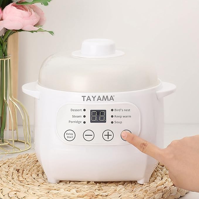 TAYAMA 1 Qt. White Mini Ceramic Stew Cooker with Pre-Settings and Built-In Timer, Small