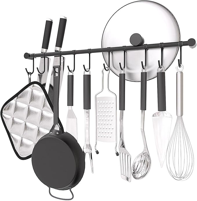 Wall Mounted Utensil Holder, Stainless Steel 20 inch Hook Bar Utensils with 10 Pcs Noiseless Sliding Hooks, Spoon Rack Hanger Bar Tool Organizer for Kitchen. (Black)