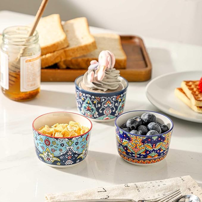 Glowworm Ramekins Oven Safe, 4 Oz Ceramic Creme Brulee Ramekins Set of 6, Souffle Dishes Pudding Custard Cups for Baking, Oven & Dishwasher Safe, Bohemian