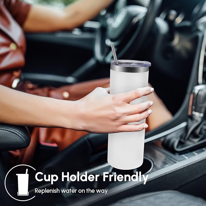 Volhoply 12 Pack Skinny Tumblers with Lid and Straw, 20oz Stainless Steel Straight Tumbler Bulk, Vacuum Insulated Coffee Mug for Home, Office, Travel, DIY (White,12 Pack)