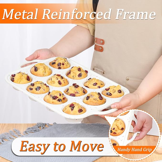 CAKETIME Silicone Muffin Pans for Baking, Metal Reinforced Frame Regular 12 Cups & Mini 24 Cups Cupcake Pan Set Nonstick Muffin Pan for Homemade Baking Easy to Handle