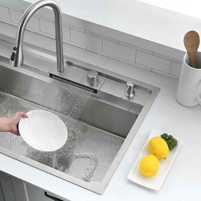 33 Inch Waterfall Drop In Kitchen Sink with Faucet Combo Workstation - VOKIM 33x22-Inch Drop In Sink Stainless Steel 16 Gauge Single Bowl Kitchen Sinks with Cutting Board