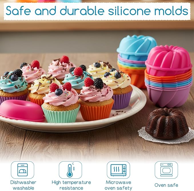 52 Pcs Single Silicone Donut Molds, 4 Styles Silicone Molds for Baking Small Reusable Non-Stick Baking Cups for Donuts, Muffins, Cupcakes, Jellies, Bagels (Multicolor)