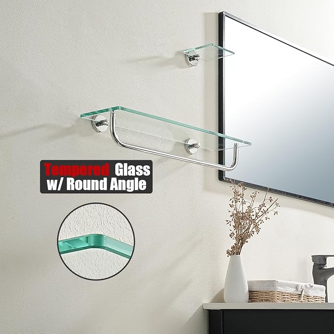 JQK Bathroom Glass Shelf Polished Chome, Shelf with 19 Inch Towel Bar Tempered Glass Shower Storage 20 by 5 inches, 304 Stainless Steel Silver Finish Wall Mount, TGS100L20-CH