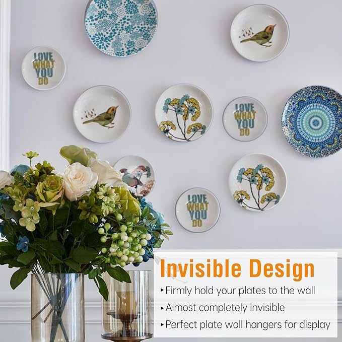 Bilillo 12 Pieces Invisible Wall Plate Hangers 4/6/8 Inches Wall Plate Hangers Stainless Steel Decorative with 12 Pieces Hook with Nails Suitable for 4-10 inch Decorative Antique and Arts(Silver)
