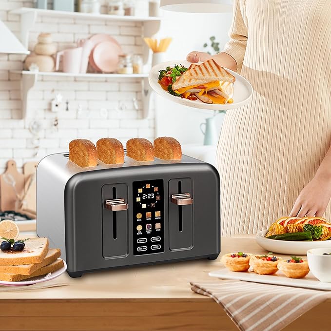SEEDEEM Toaster 4 Slice, Stainless Toaster & Touch Control, LCD Display, 6 Bread Type, 7 Shade Settings, 1.5'' Wide Slots, Cancel/Defrost/Reheat, Removable Crumb Tray, 1800W, Dark Metallic