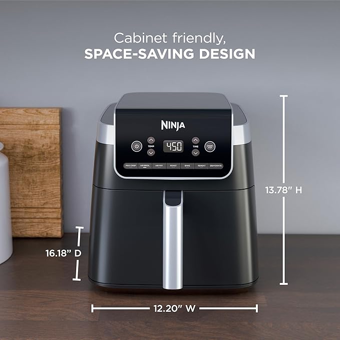 Ninja | Air Fryer Pro XL | 6.5QT Capacity fits up to 9lbs of Wings| 7-in-1 Max Crisp, Broil, Air Fry, Roast, Bake, Reheat & Dehydrate | Dishwasher Safe Parts | Space Saving | Grey | AF182AMZ