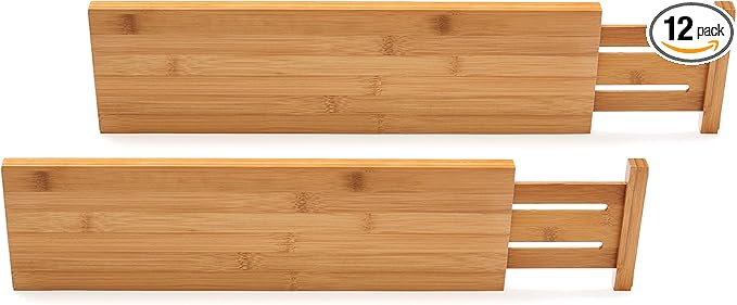 Lipper International Bamboo Wood Custom Fit Adjustable Dresser and Kitchen Drawer Dividers, 18 1/8" to 22" Deep x 5" Tall, Set of 12