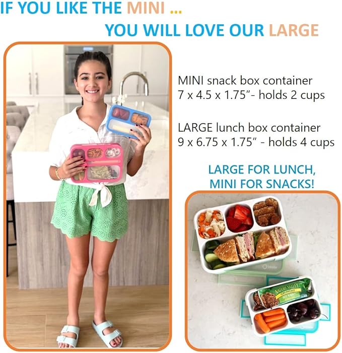 Small Snack Containers for Kids Toddlers - 3 Compartments (Set of 2) - Leak-Proof Reusable Boxes with Lids -BPA-Free Plastic Mini Bento Lunch Box - Ideal for School, Daycare, Holds 2 Cups (Coral+Blue)