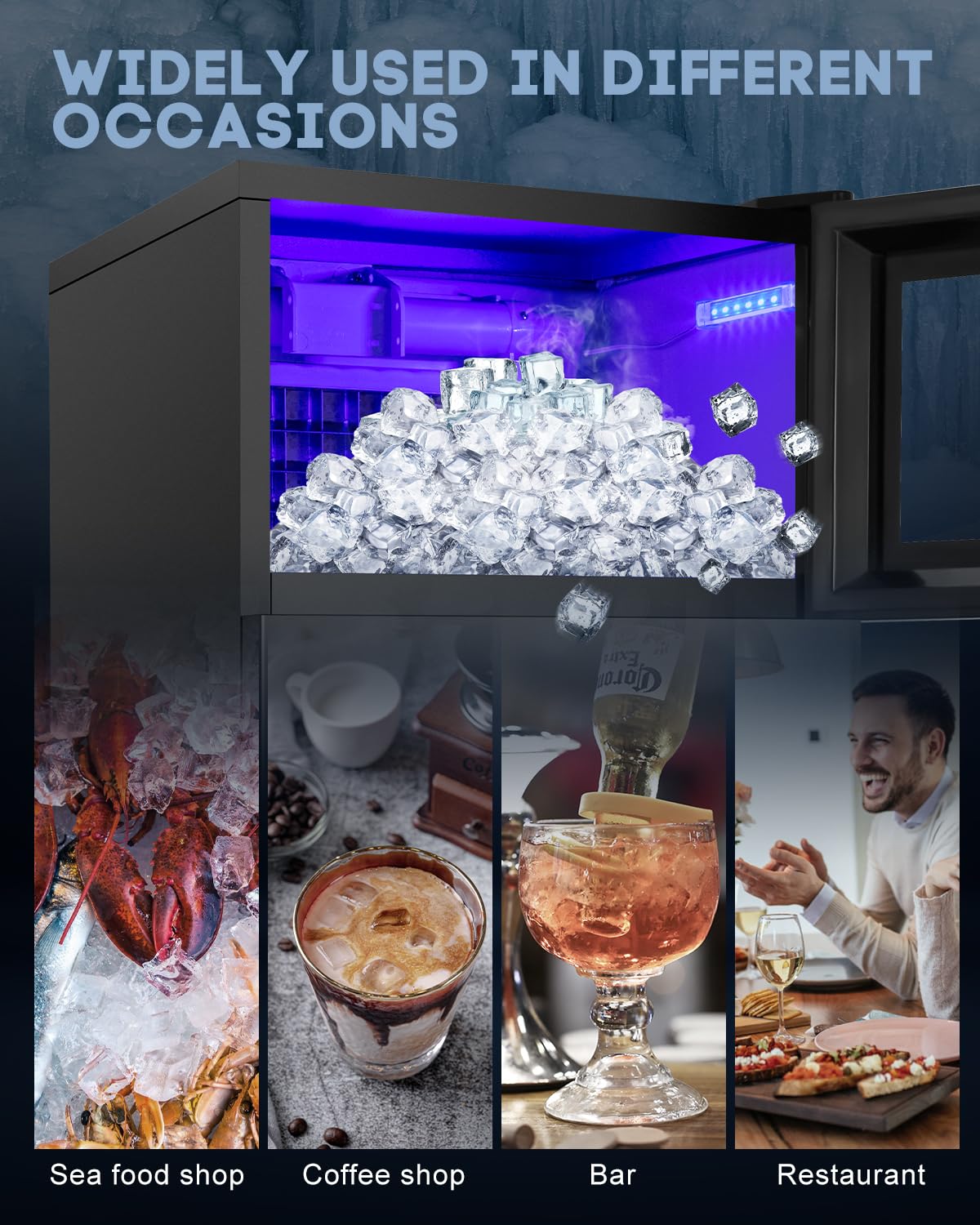 Upgraded Commercial Ice Maker - 130LBS/24H with 35LBS Storage Bin, 15" Wide Frosted Black Undercounter/Freestanding Ice Machine for Home Bar & Outdoor Use - Produces 45 Ice Cubes