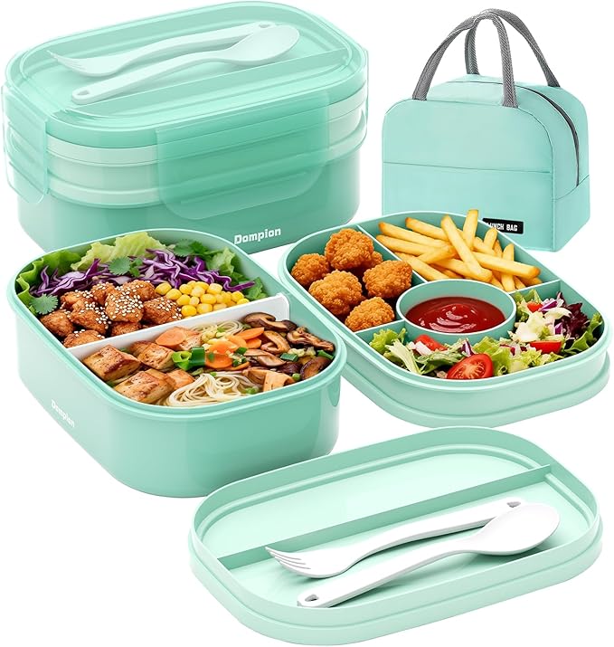 2 Layers Bento Box, All-in-One Stackable Lunch Container with Compartments, 64oz Leakproof Microwave Safe Dishwasher Safe Bento Box with Lunch Bag and Utensil Set for Kids and Adults