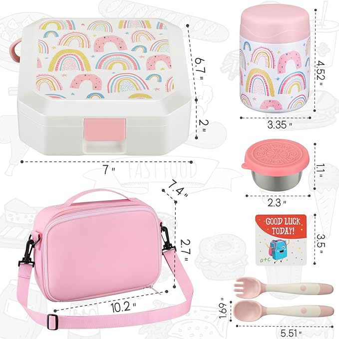 Itslife Bento Lunch Box Set for Kids with 12oz Soup Thermo&Lunch Bag, Leak-Proof Lunch Food Containers for Kids School, 5 Compartment, Sauce Cup, 10 Notes (Rainbow White)