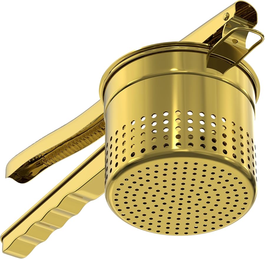 Livilord Large 15oz Potato Ricer, Heavy Duty Stainless Steel Ricer for Mashed Potatoes, Sweet Potato Masher Kitchen Tool with Ergonomic Handle, Press and Mash Kitchen Gadget, Gold