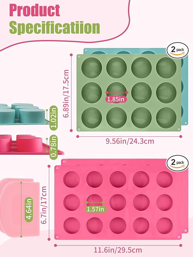 4 PCS Cake Puck Mold Set, 2 Different Sizes Chocolate Covered Cake Silicone Molds, 15 Cavity&12 Cavity Round Cake Pop Molds with 2 Spatulas for DIY Cake Cores, Cakepucks, Chocolate Desserts