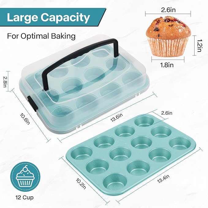 Blue 12-Cup Muffin Pan with Lid, 2-Pack Metal Cupcake Pan with Handle, Portable Blue Muffin Pans Nonstick 12 with Cover Ideal for Easy Carrying, Holiday, Party and Travel