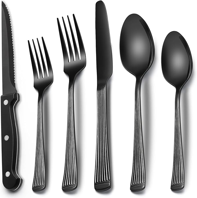 EWFEN 24-Piece Black Silverware Set with Steak Knives, Black Flatware Set for 4, Food-Grade Stainless Steel Tableware Cutlery Set, Mirror Finished Utensil Sets for Home Restaurant, Roman Column